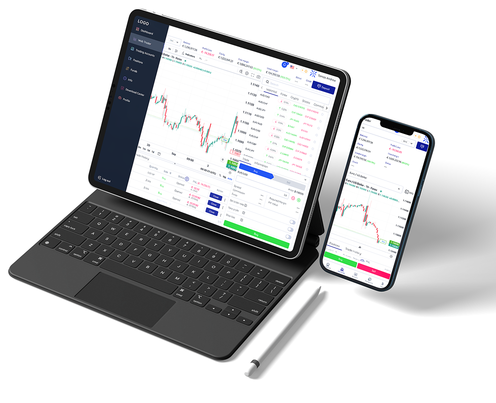 Handelsportalen trading platform shown on a tablet and a smartphone