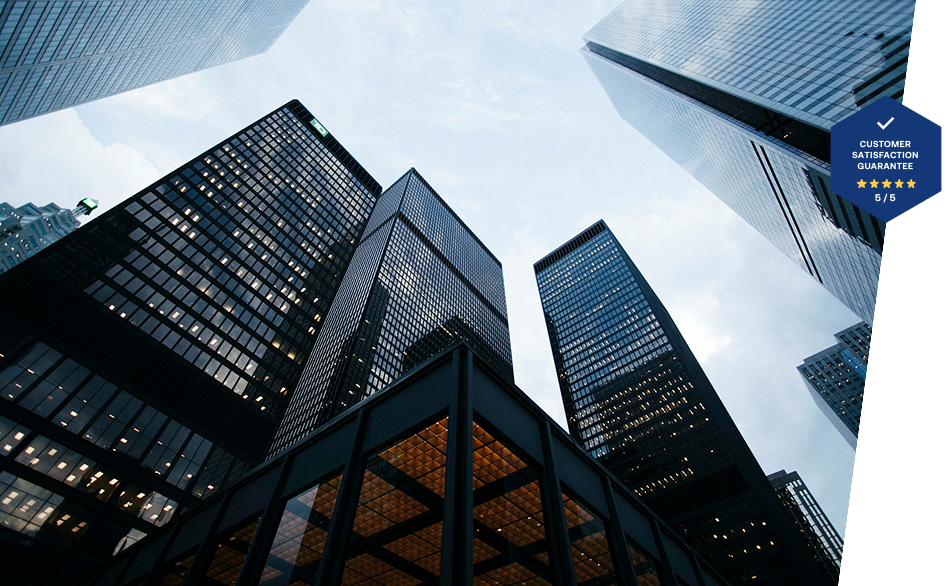 Modern glass office towers in a financial district